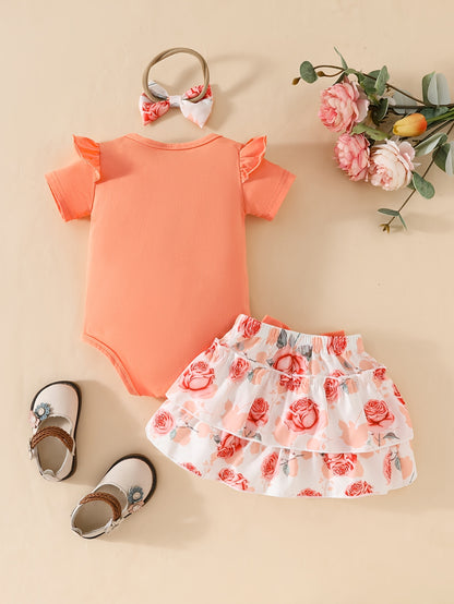 Three-piece Set Flower Print Cake Skirt