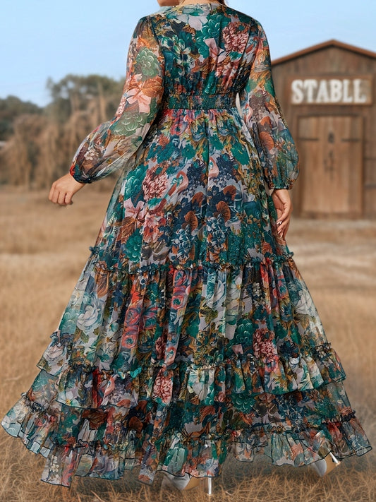 Plus Size - Elegant Floral Print Chiffon Dress with V-Neck & Long Sleeves