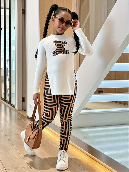 2pcs Girls' Oversized Geometric Animal Print Outfit Set