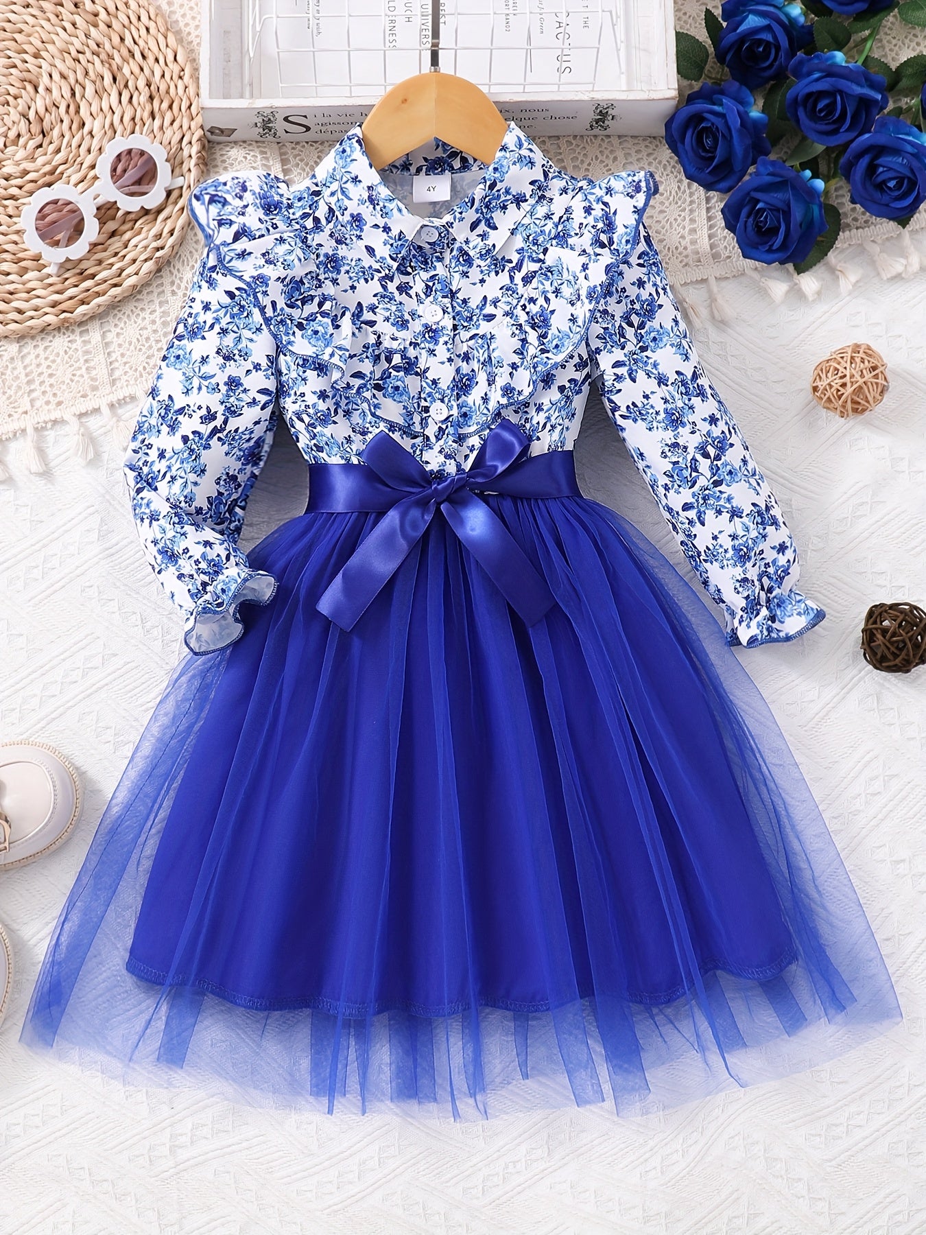 Mint Green Elegant Floral Print Long Sleeve Dress with Belt