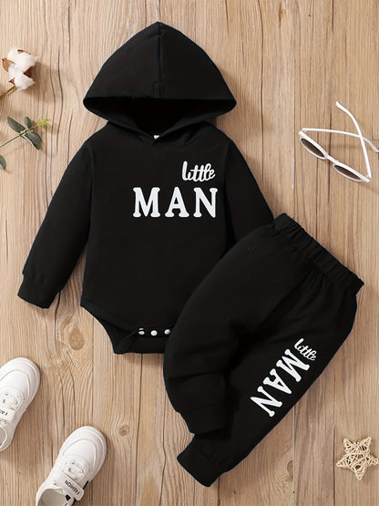 2pcs Boys' Hooded Long-Sleeve Letter Print Bodysuit