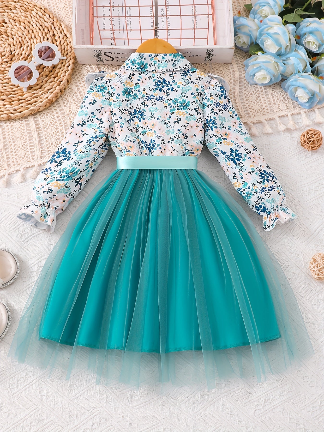 Mint Green Elegant Floral Print Long Sleeve Dress with Belt