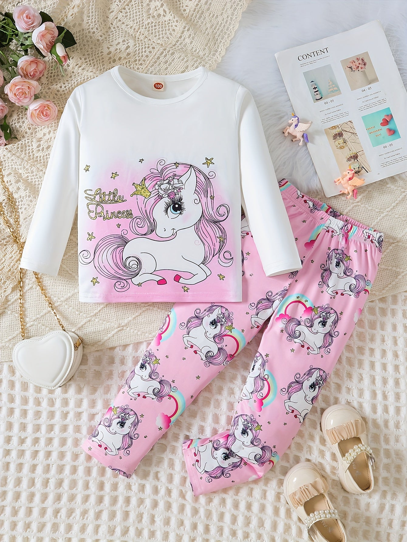 Girls Spring and autumn new cute unicorn print pants suit