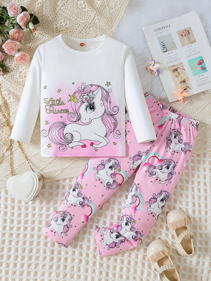 Girls Spring and autumn new cute unicorn print pants suit