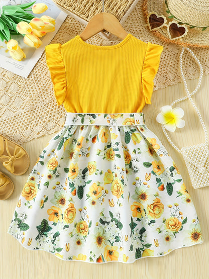 Girls' Patchwork Yellow Romantic Floral Print Dress