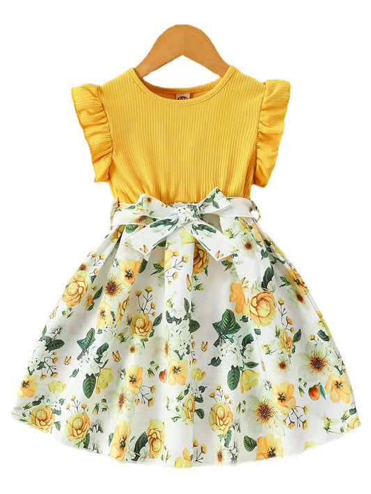 Girls' Patchwork Yellow Romantic Floral Print Dress