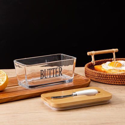 1 Set YumiPLUS Acacia Wood Lid Glass Butter Dish Set