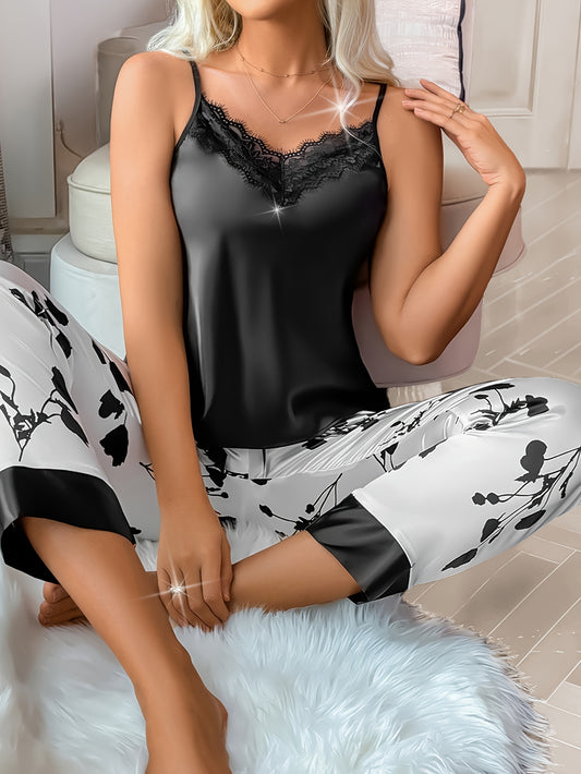 Floral Print Pajama Set, V Neck Lace Trim Top & Bow Pants