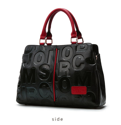 Genuine Leather Shoulder Handbag - Black with Red Accents
