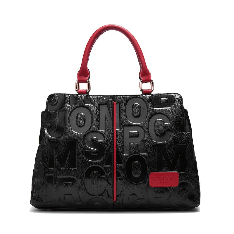 Genuine Leather Shoulder Handbag - Black with Red Accents