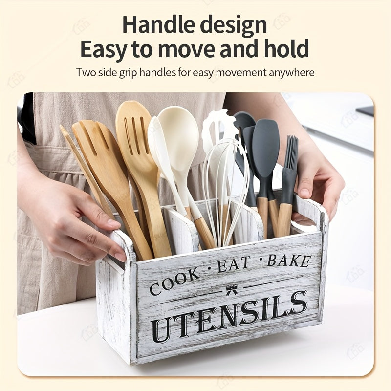 3-Compartment LDQ Rustic Wooden Kitchen Utensil Holder
