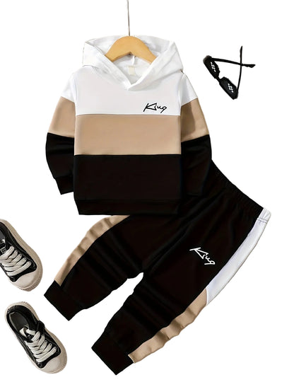Stylish Colorblock Boy's "King" Print Hooded Outfit | Hoodie & Pants Set