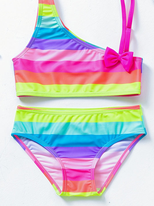 2pcs Colorful Striped Toddler Girls Bikini Tankini Swimsuit