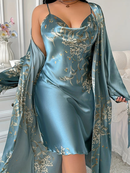 Black & Golden Floral Print Spaghetti Strap Nightgown