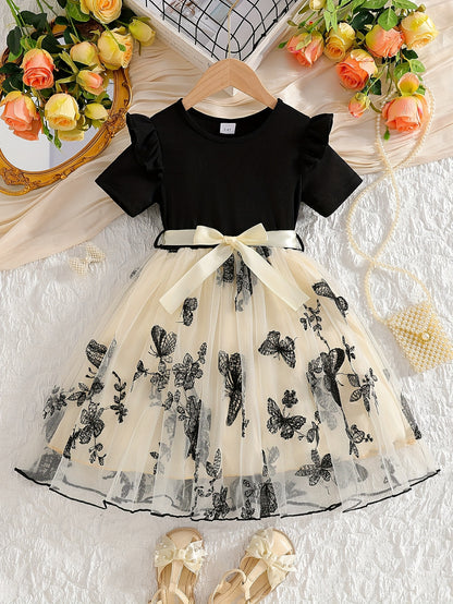 Girls Short Sleeve Bowknot Decor Mesh Tutu Dress