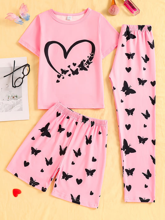 3pcs Girls' Pajama Set with Heart and Butterfly Print