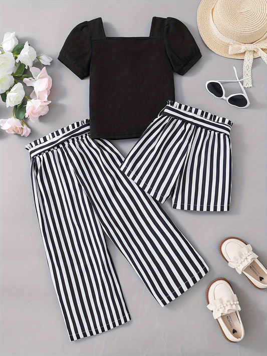 3pcs Fashionable and Elegant Girls' Summer Outfit Set