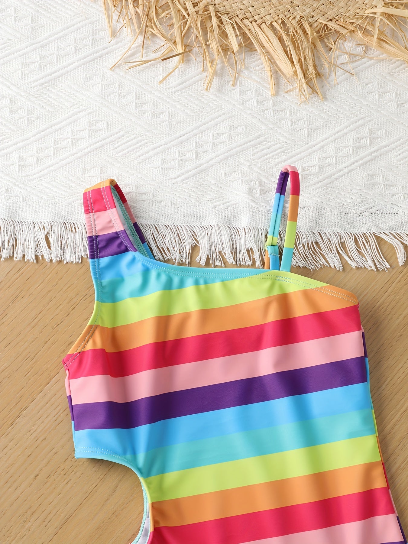 Girls' Quick-Dry One-Piece Swimsuit - Striped Slim-Fit Tight Bodysuit with Asymmetric Neckline