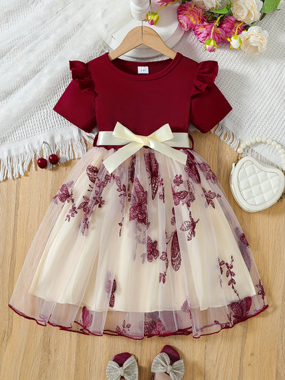 Girls Short Sleeve Bowknot Decor Mesh Tutu Dress