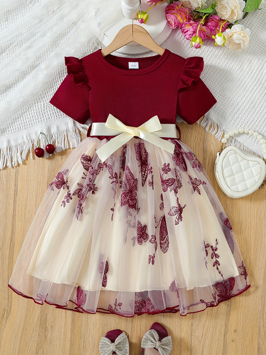 Girls Short Sleeve Bowknot Decor Mesh Tutu Dress