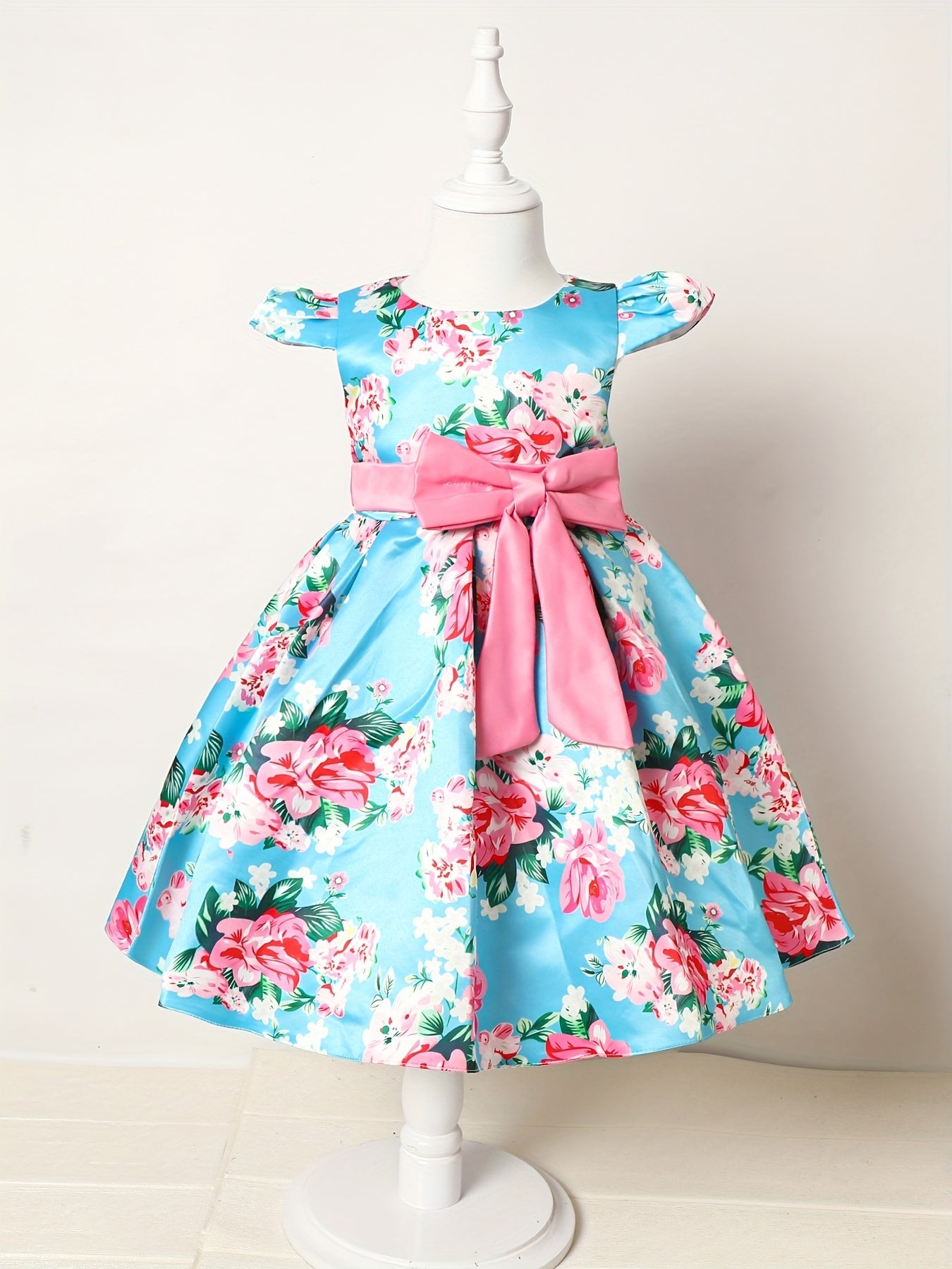 Girls' Elegant Rose Floral Print Party Dress