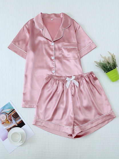 Women'S Plus Size Pink Satin Set with Bow Detail