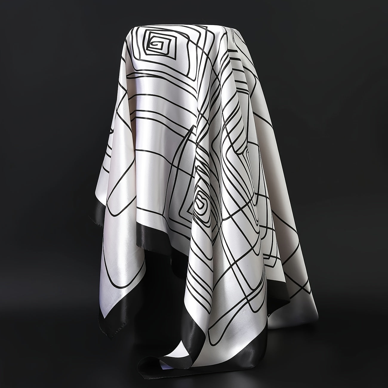 Elegant Black & White Printed Square Scarf - Luxury Polyester, Stylish Thin Headband