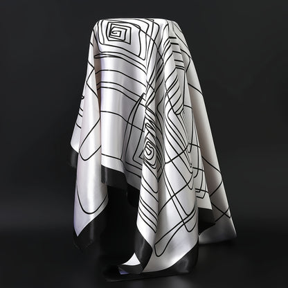 Elegant Black & White Printed Square Scarf - Luxury Polyester, Stylish Thin Headband