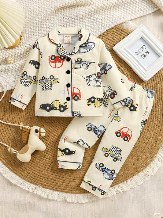 Boys' Loungewear Set, Made of Fabric, Featuring a Cartoon Car Pattern