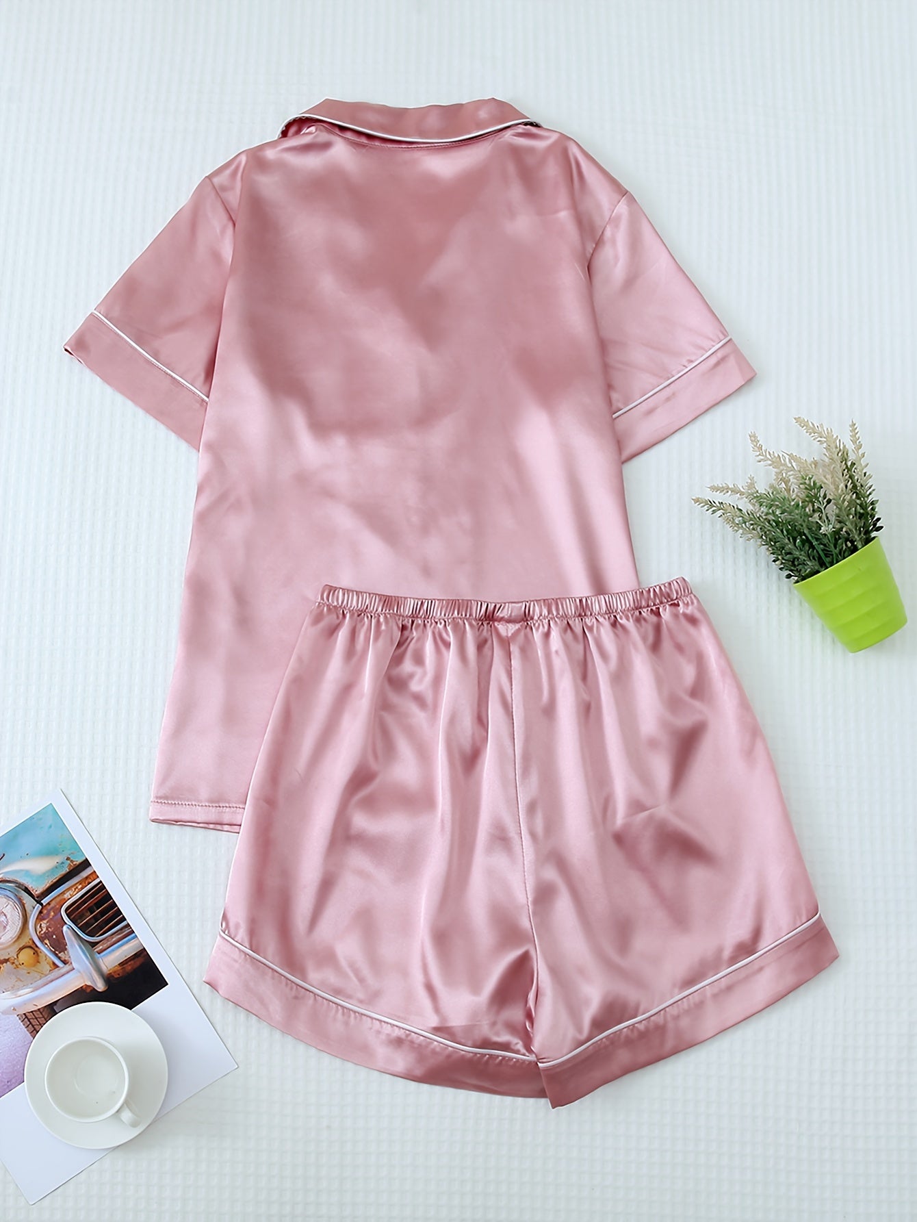 Women'S Plus Size Pink Satin Set with Bow Detail