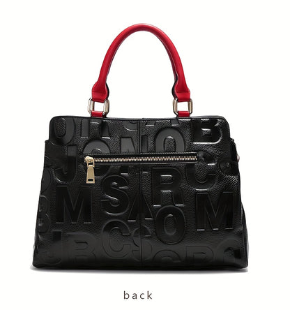 Genuine Leather Shoulder Handbag - Black with Red Accents