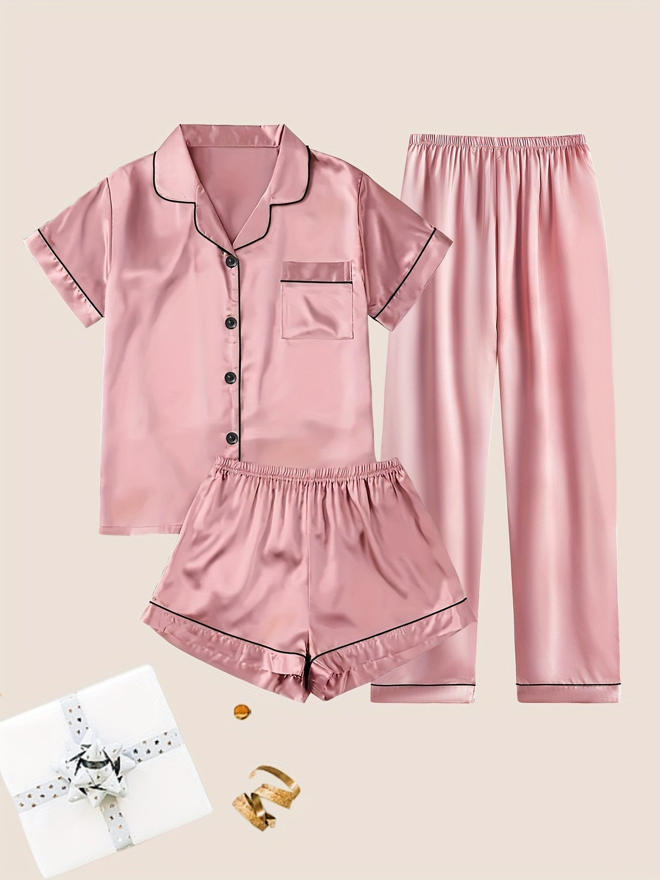 Women's Solid Satin Casual Pajama Set, Short Sleeve