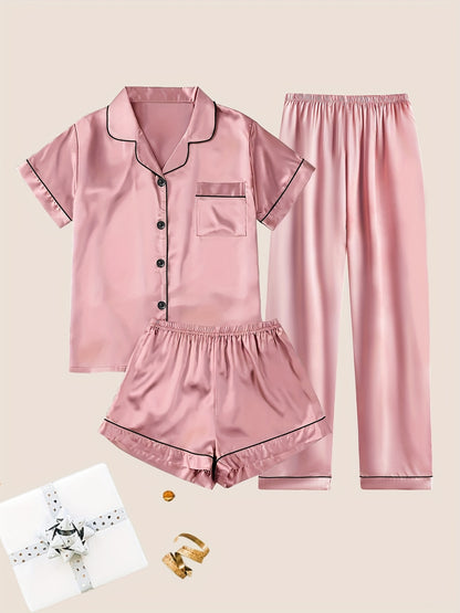 Women's Solid Satin Casual Pajama Set, Short Sleeve