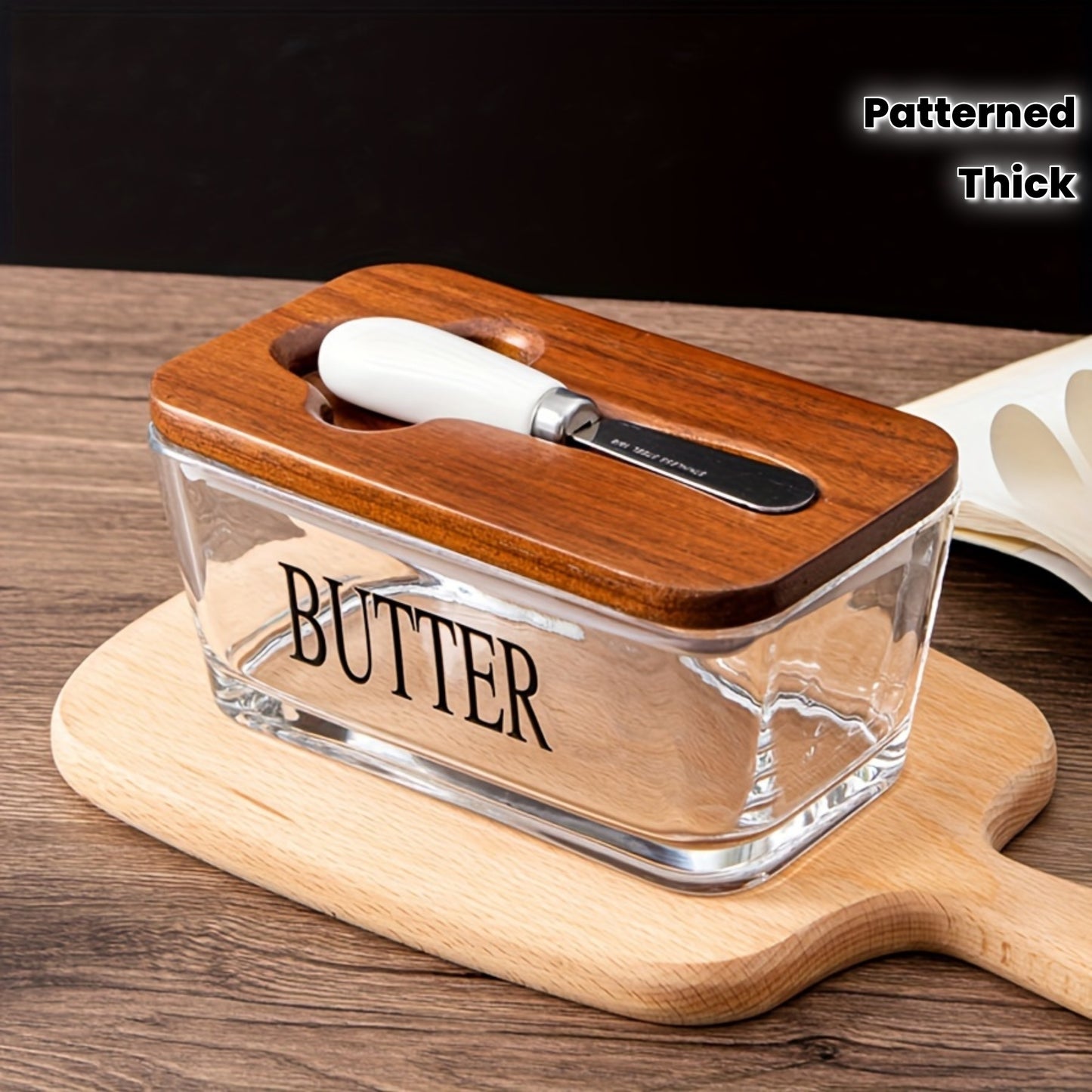 1 Set YumiPLUS Acacia Wood Lid Glass Butter Dish Set