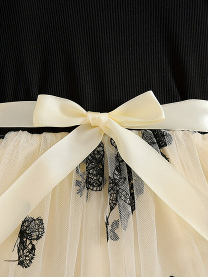Girls Short Sleeve Bowknot Decor Mesh Tutu Dress