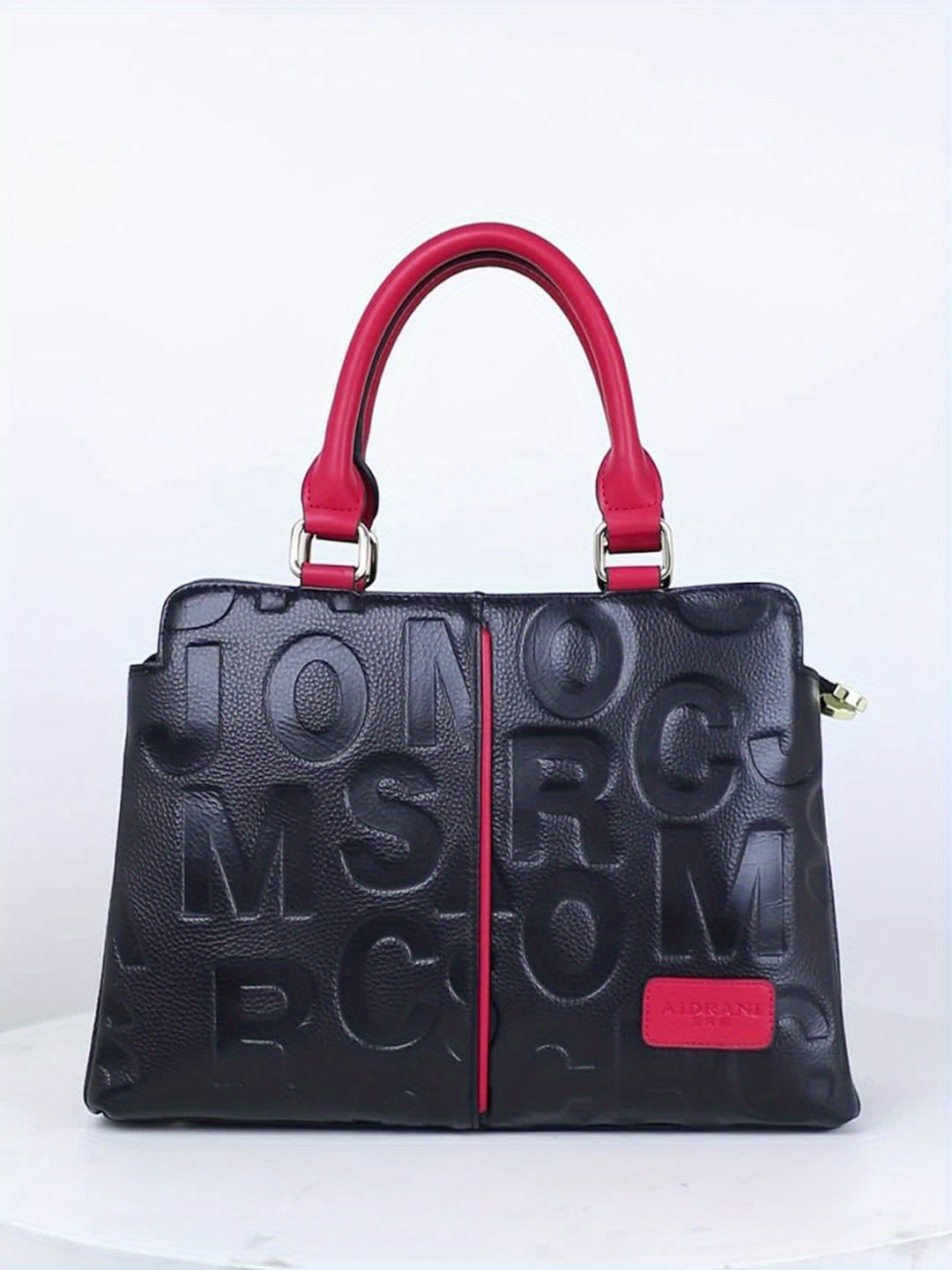 Genuine Leather Shoulder Handbag - Black with Red Accents